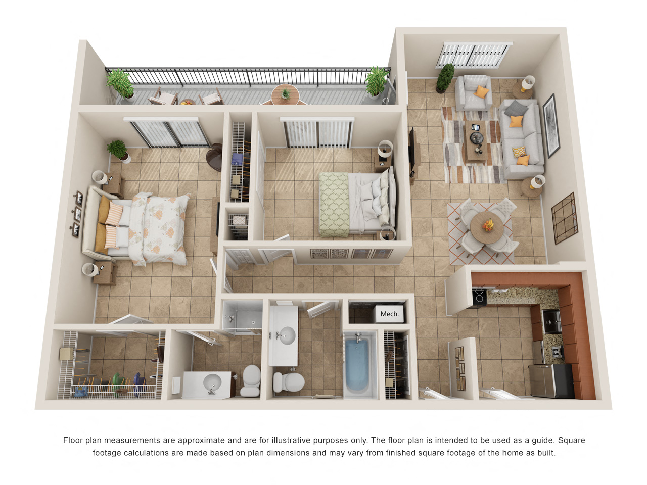 Floor plan for 2 beds, 2 baths, 1220 sqft